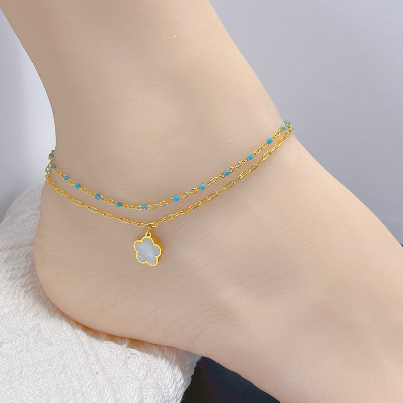 Summer Refreshing Series Blue Glue Dropping Double Layer Foot Ring Titanium Steel Sticky Shell Butterfly Flower Anklet Does Not Fell in Water