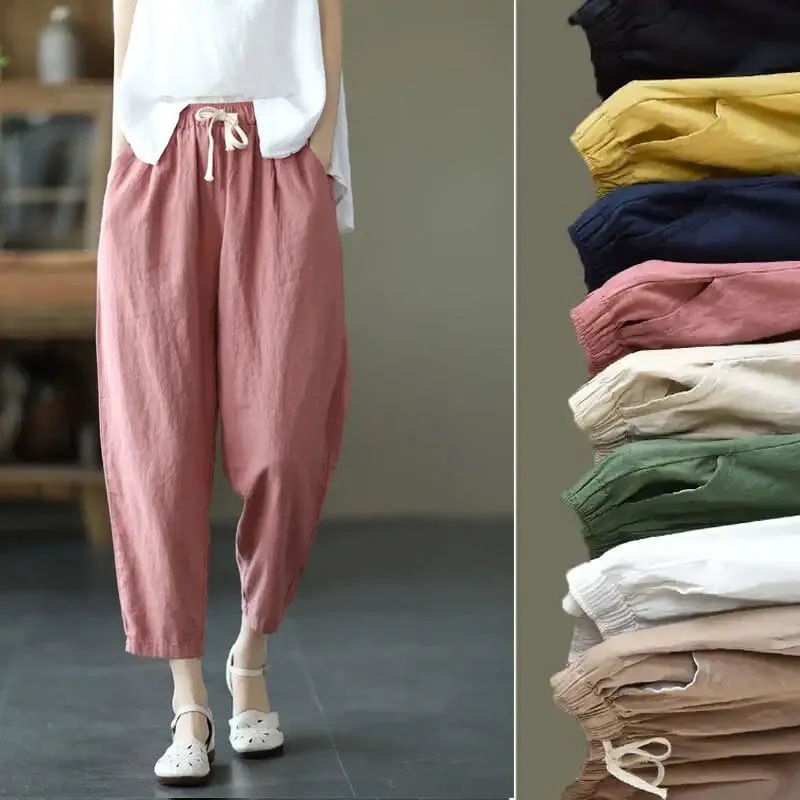 Vintage Cotton Linen Tie-Up Carrot Pants for Women 2025 Summer New Loose Solid Color Versatile Casual Cropped Pants