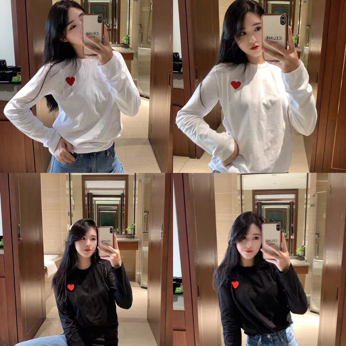Foreign trade heavy 240g pure cotton Love T-shirt embroidered women jiuchuan couple wear long sleeve Ling Bao base men QC photo from 1688 on Qualit.ly