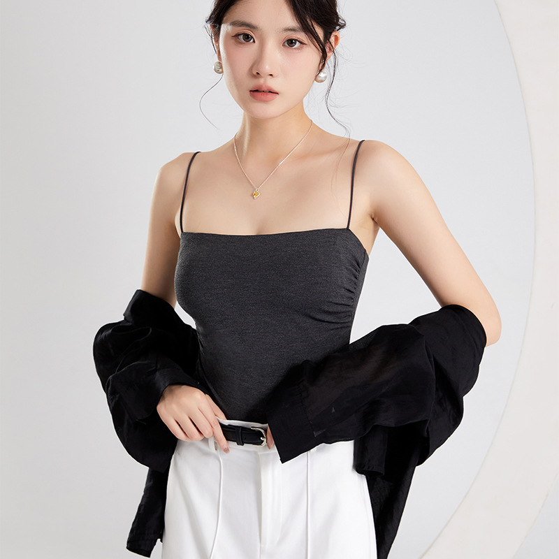 Breast Pad Cup All-In-One One-Line Collar Tight Pleated Slimming Look Korean Style Suspbottomer Slim and Comfortable Bottoming Shirt Vest