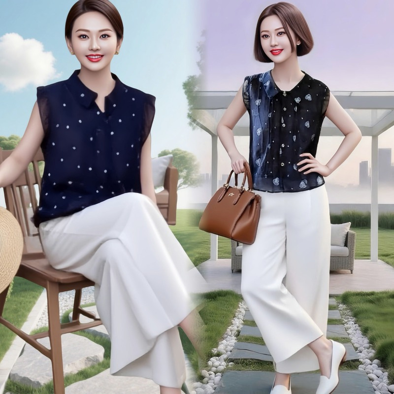Middle-Aged Mother's Fashion Suit Summer New Casual Sleeveless Shirt Women's Summer Wide-Leg Pants Two-Piece Set
