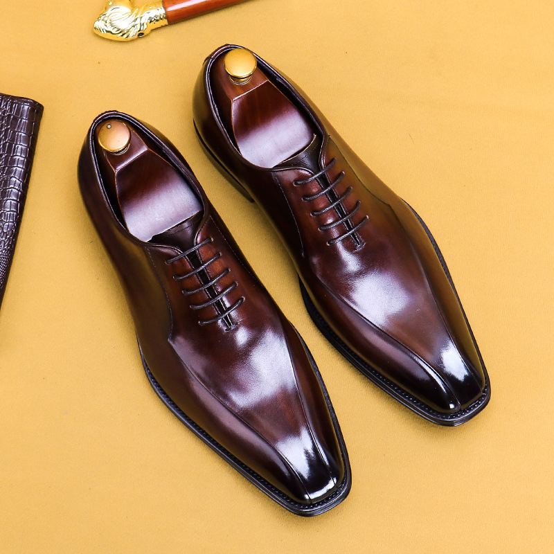 【】Men's Leather Shoes, Genuine Leather Formal Shoes, Square-Toe Oxford Shoes, British-Style Business Handmade Shoes, High-End Breathable Summer Shoes