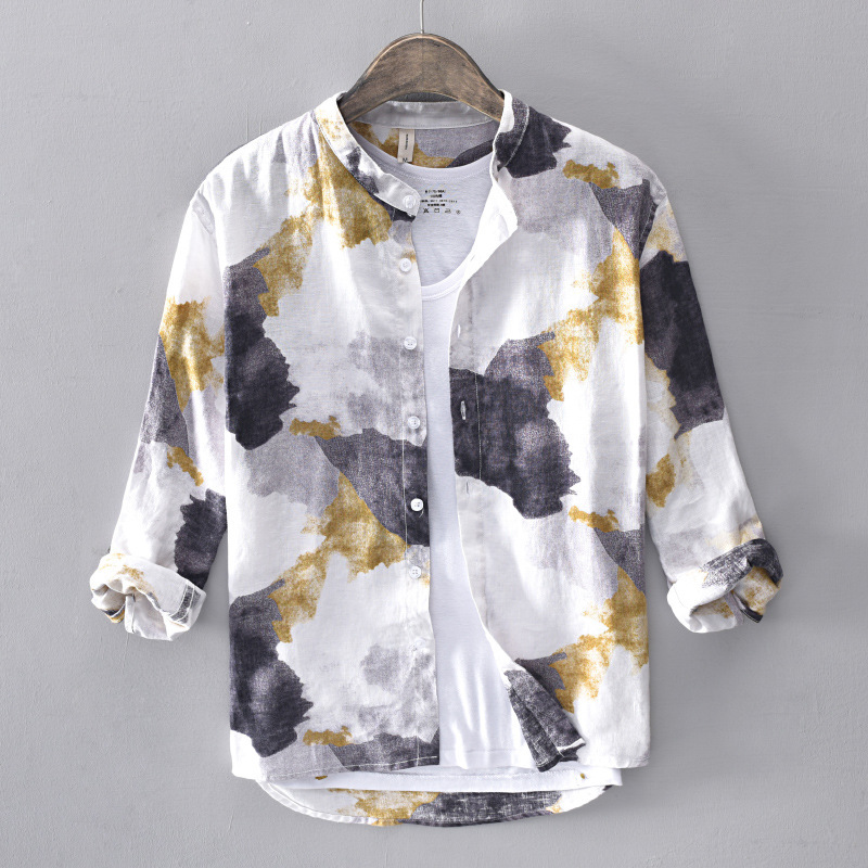 772 Japanese Casual Men's Shirt Linen Long Sleeve White Shirt Youth Printed Jacket Men's One Piece Hair