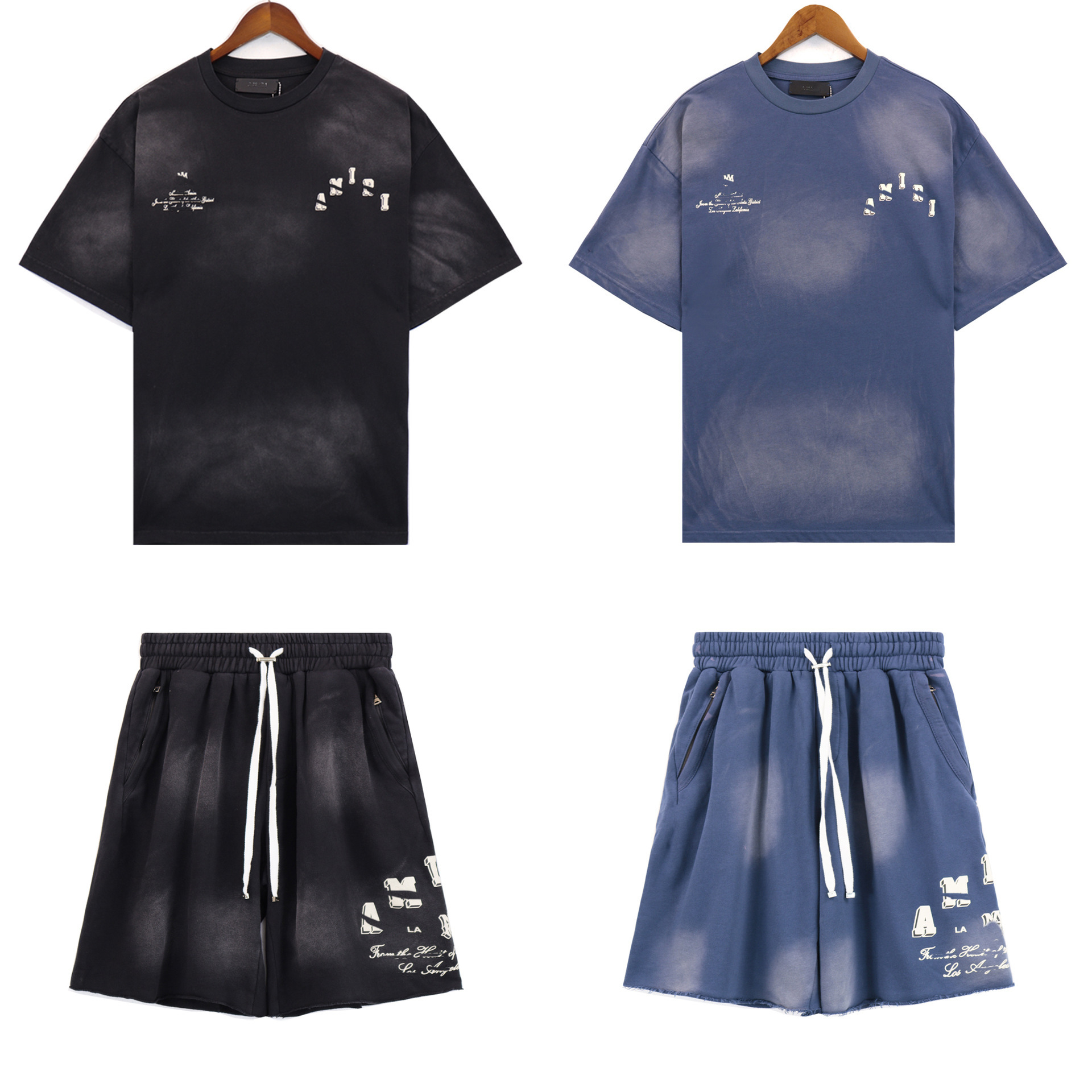 Washed Retro T-Shirt Set Amiri Printed Men's Loose Breathable Casual Short Sleeve Pants Summer Sports Set