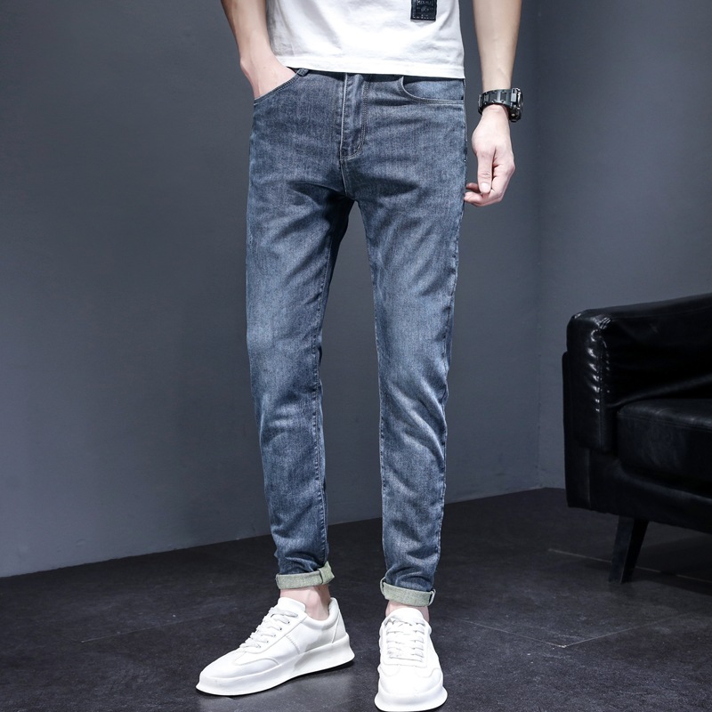 Weihua Early Autumn Men's Trendy Brand Slim-Fit Jeans in Haze Blue, Cropped Length, Casual Style for Teenagers