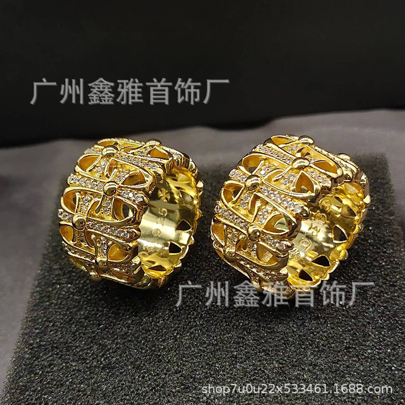 ch Crona Gold Diamond Cross Burial Tomb Couple Ring European and American Fashion Trend s925 Standard for Men and Women