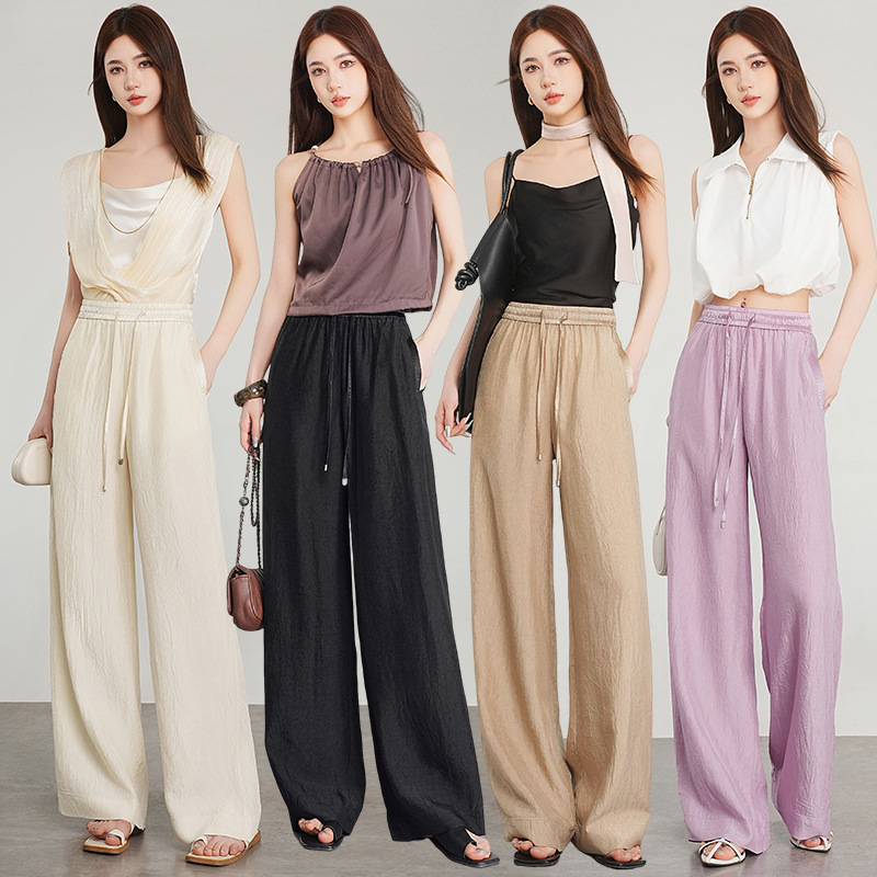2026 New Summer Silk Casual Straight Wide-Leg Pants for Women, High-Waisted, Drapey, Slimming, Long, Floor-Length, Thin Casual Pants