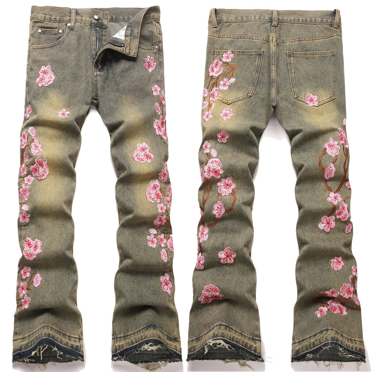 Cross-Border Retro Men's Slim Fit Flared Jeans European and American Street Fashion Ins Plum Blossom Embroidered Denim Pants