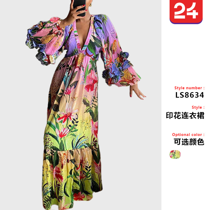 2025 Summer Amazon New Printed Gradient Color Ruffled V Neck Sexy Slim Long Dress