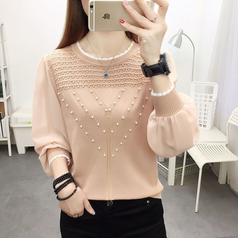 Plus-Size Chiffon Ice Silk Knit Top, New Summer Style, Long-Sleeve Round-Neck Base Shirt, Elegant Slim-Fit Loose Top