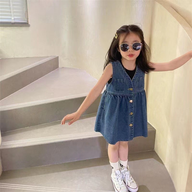 Girls Summer Dress Baby Fashionable Kidsren's Stylish Trendy Brand Korean Style Fashionable Cardigan Princess Denim Vest Dress