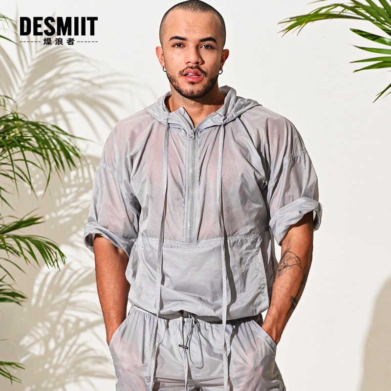 Wholesale New Product desmiit Amazon Supply semi-transparent light gray sexy half sleeve jacket travel shooting casual B7128