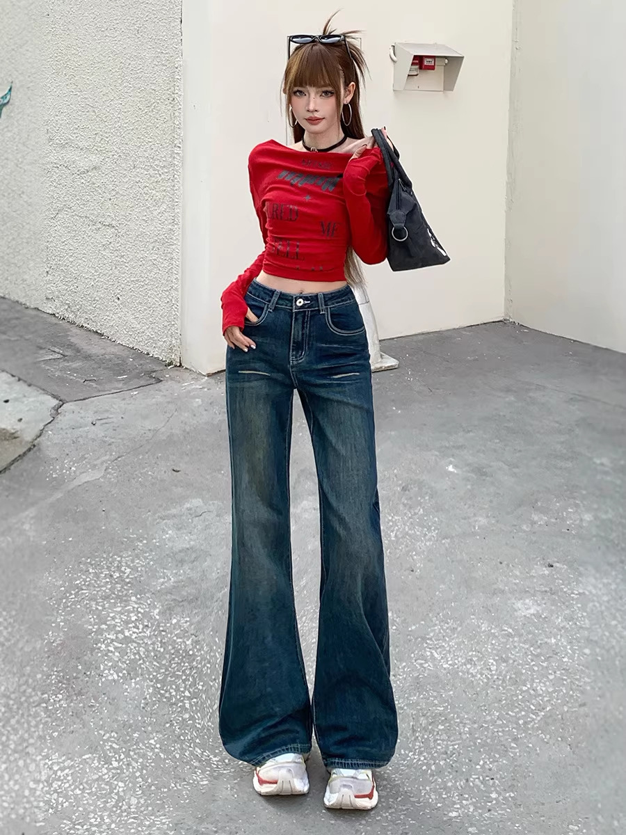 Vintage Blue Low-Waist Stretch Flared Jeans for Women, New Spring/Summer Slim Fit, Slimming, Drapey, Embroidered, Floor-Length Bootcut Pants