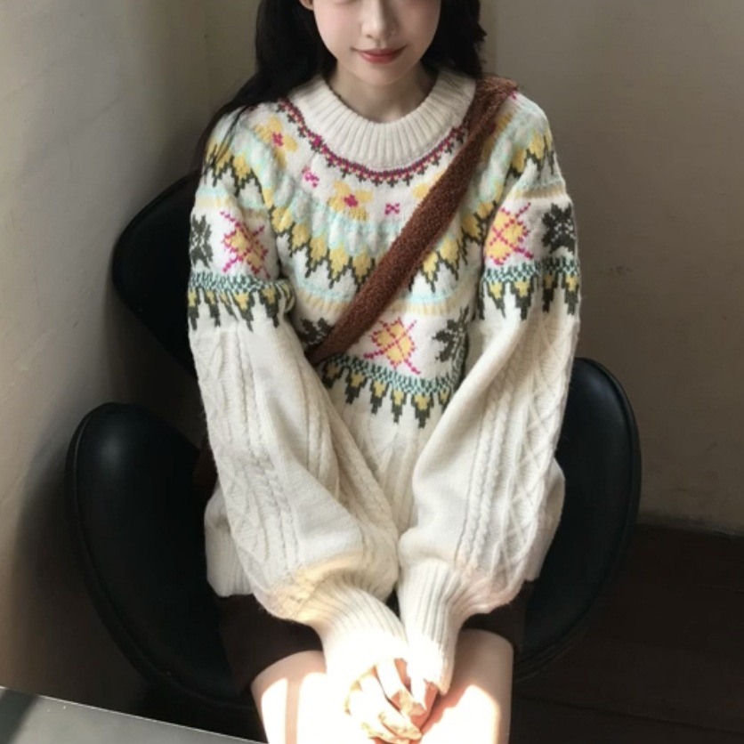 Kaning Retro Sweet Fair Isle Sweater for Women 2026 New Winter Style Lazy High-End Korean Style Knitwear for Women