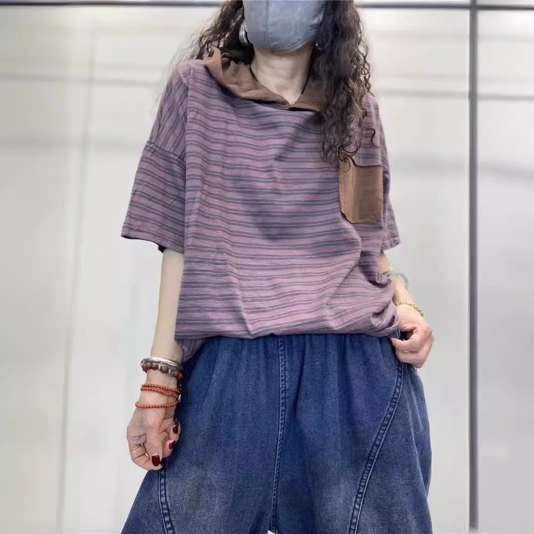 Summer Korean Style Short-sleeved Loose Casual Striped Loose Casual Hooded T-shirt Pullover Color Matching Design Small Shirt
