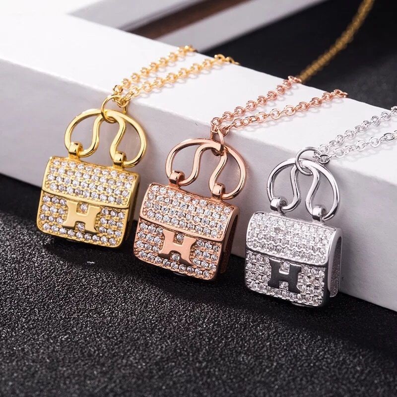 Letter Bag Titanium Steel Necklace Women's High-End Light Luxury Full Diamond Clavicle Chain Handbag Fashionable Rectangular Internet Celebrity Necklace