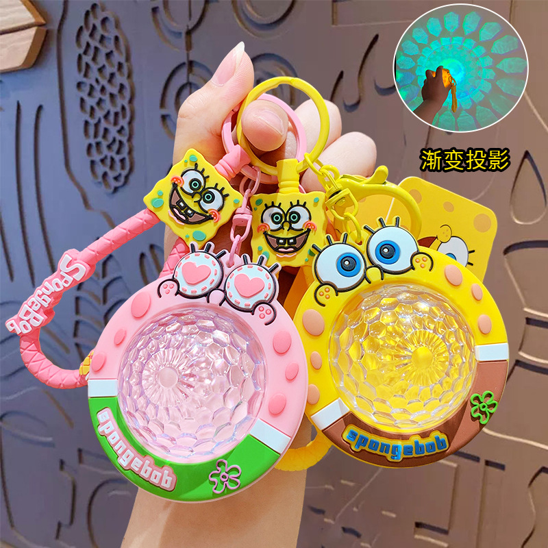 Genuine Cartoon Spongebob Projection Color Light Keychain Women's Bag Pendant Small Gift Car Key Chain Wholesale