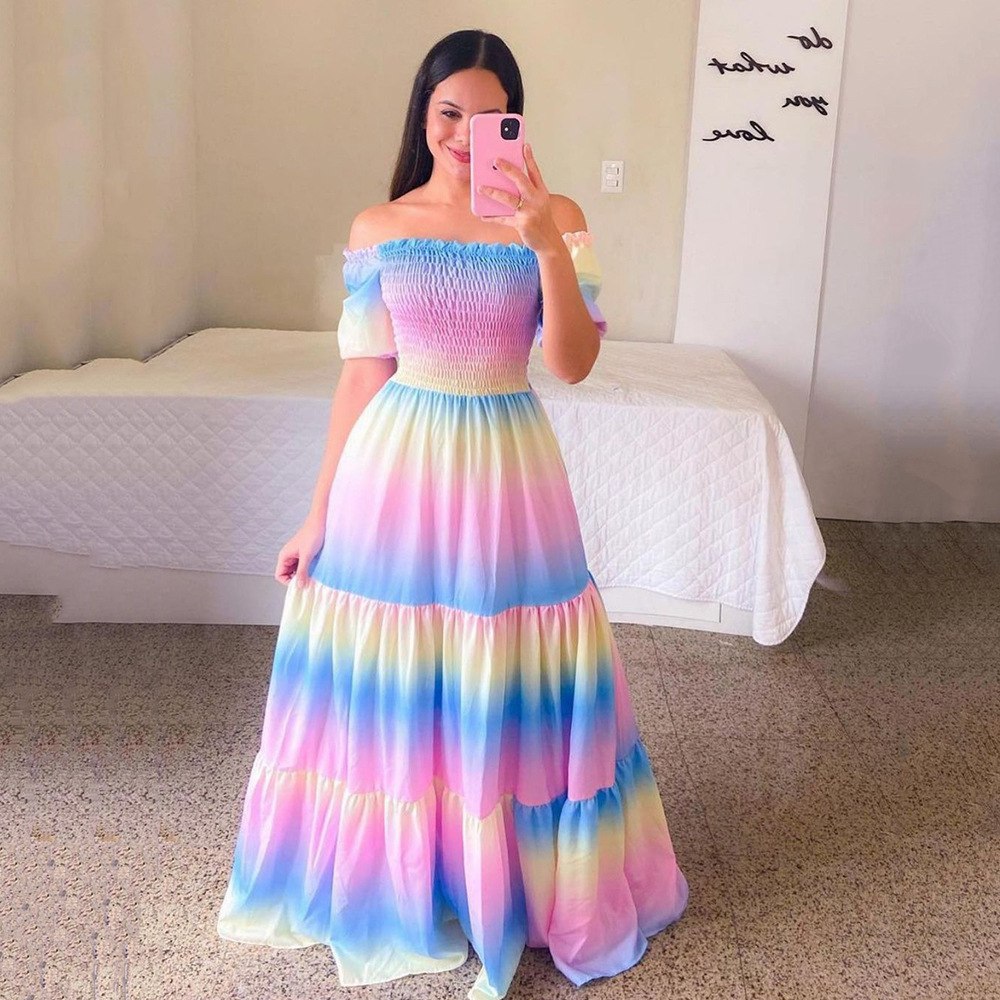 2025 Cross-Border New Spring and Summer European and American Dress One-Shoulder Floral Off-Shoulder Long Printed Fairy Skirt