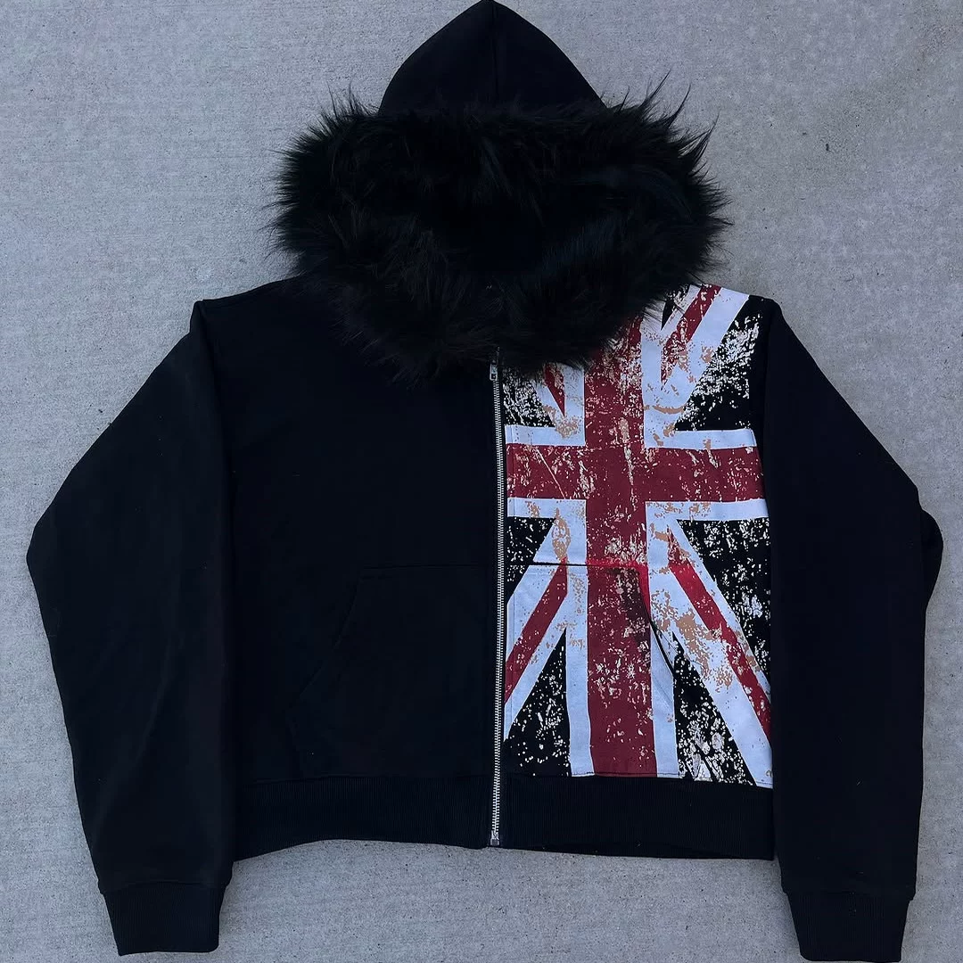 European and American Ins style fur collar printed zipper sweatshirt long sleeved pullover hoodie retro jacket street trend y2k
