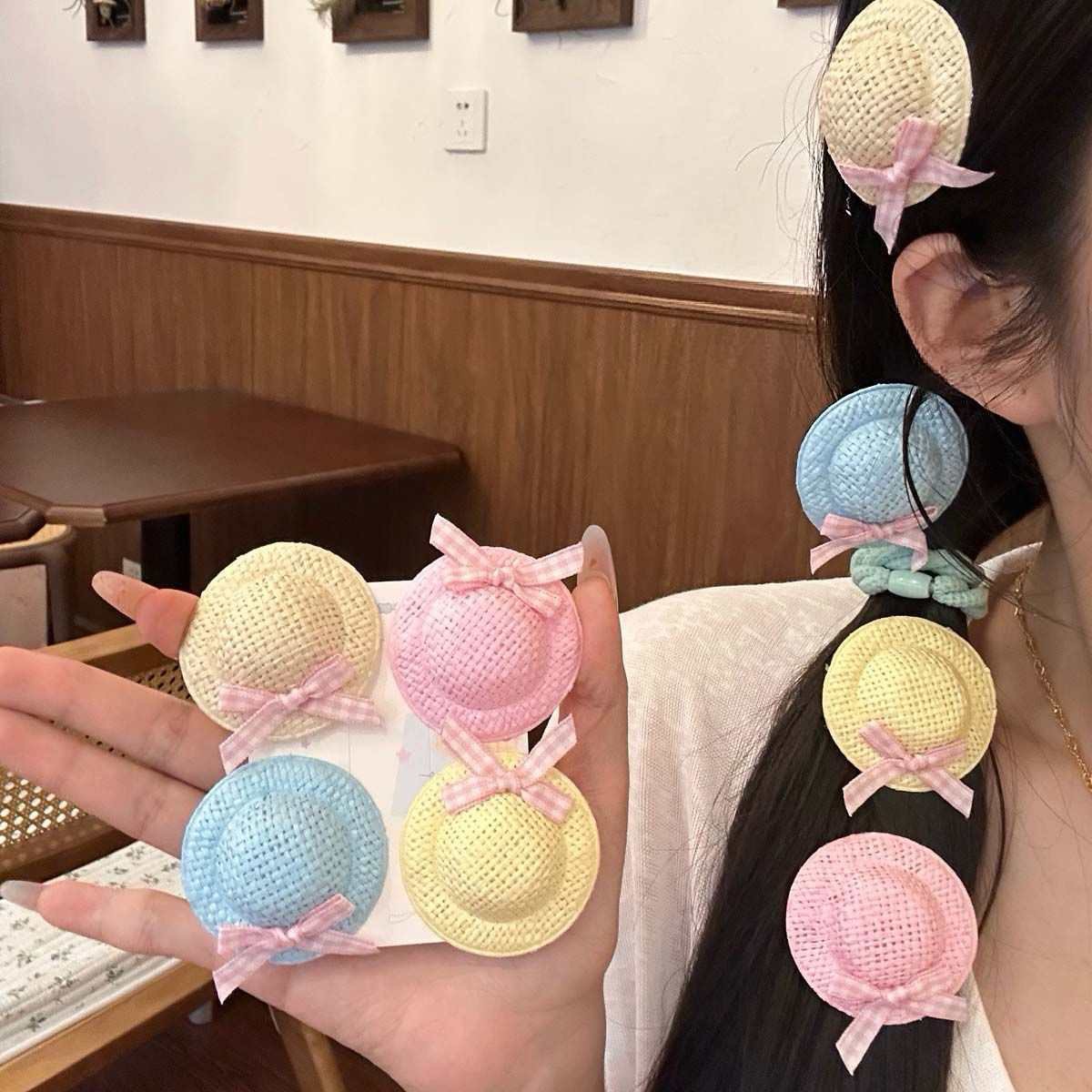 Cute Little Straw Hat Hairpin Bow Mini Kidsren's Sweet Headdress Pastoral Style Dopamine Girl Adult Super Cute