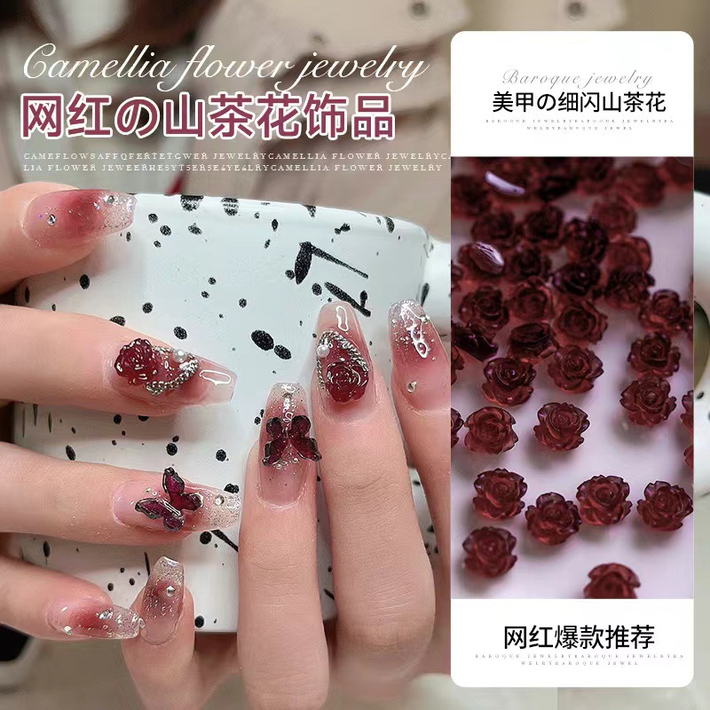 10 Nail Camellia Net Red Explosions White Rose Jewelry Nail Ice-transparent Three-dimensional Light Color-changing Flower Accessories