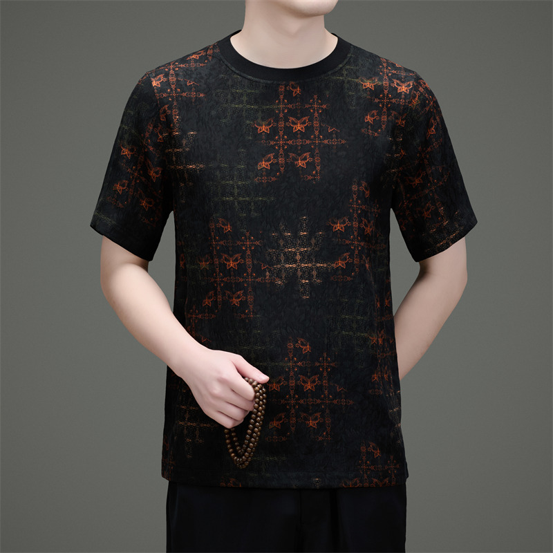 Summer New Style Men's Vintage Silk T-Shirt with Personalized Print, Short-Sleeve Trendy Round-Neck T-Shirt for Men