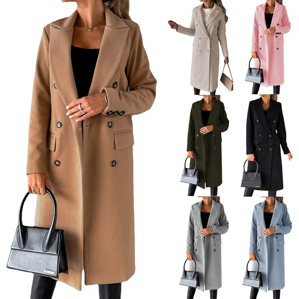 Amazon 2026 Autumn and Winter New Foreign Trade Women's Long-Sleeved Lapel Solid Color Double-Breasted Slim-Fit Coat