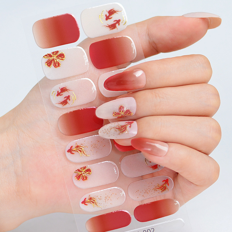 Red Koi Fish 16-Piece Semi-Cured Gel Nail Stickers with Full Coverage, Uv Light Curing, Durable Gold Foil Nail Stickers, Wholesale, Cute and Sweet