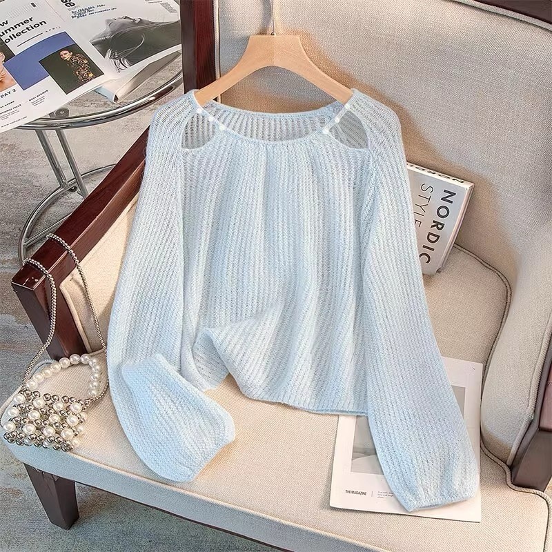 Summer New Women's Fashion Elegant Loosen Sweet Hollow Age-reducing Top Hollow Shoulder Round Neck Knit Sweater