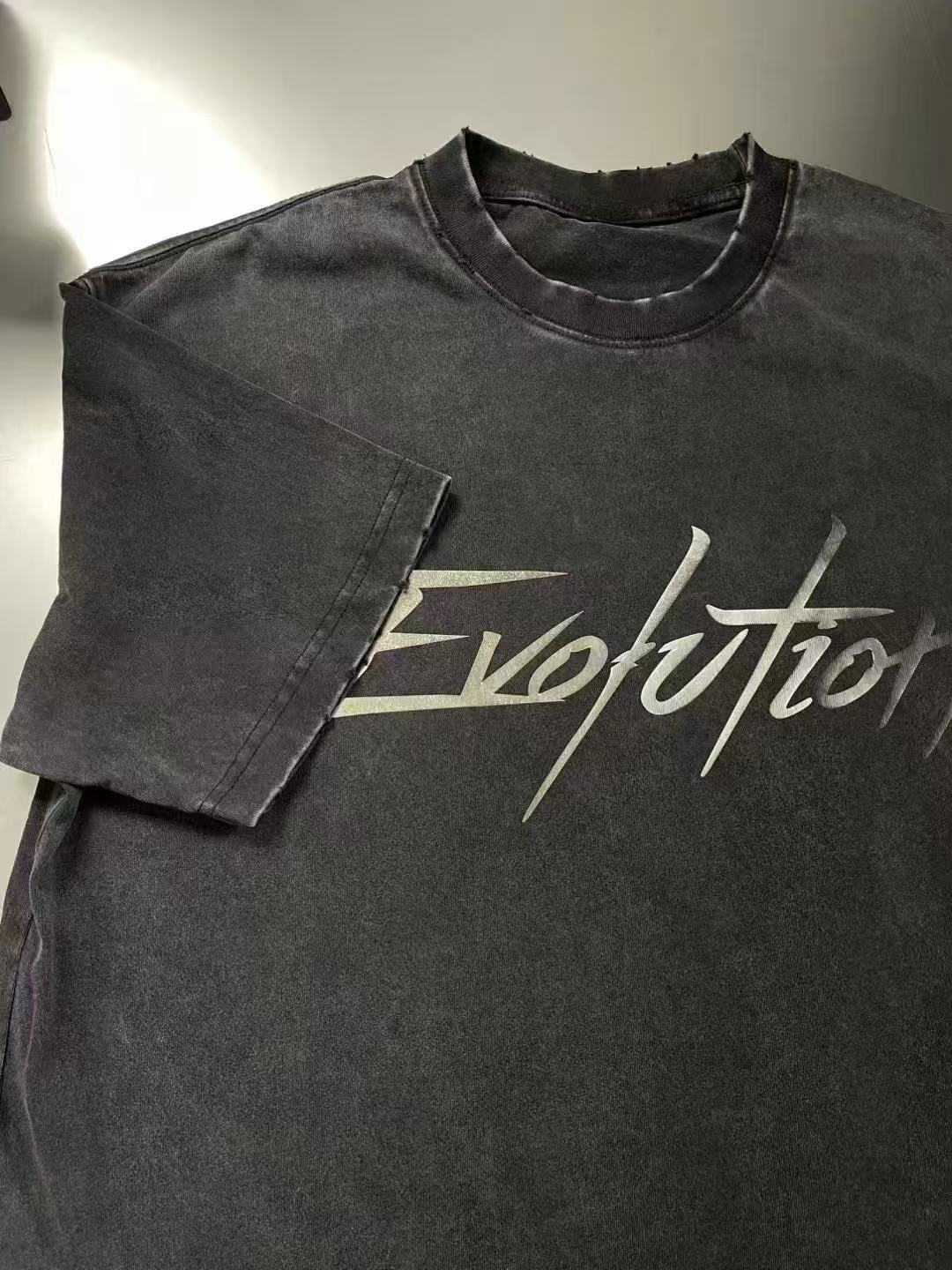 Celebrity with Heavy Wear Short-sleeved T-shirt Men's Reflective Printed Trendy Brand oversize Vintage Washable Old T-shirt