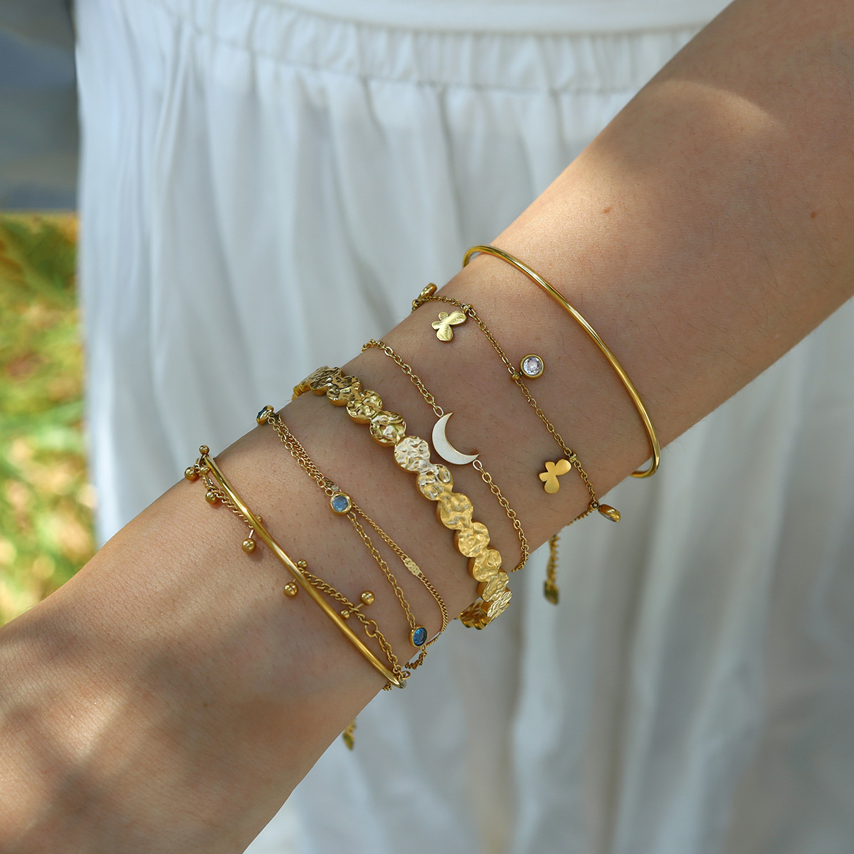 Cross-border Beach Metal Flower Moon Diamond Bracelet suit Vintage Multi-layer Pendant Bracelet Women's High-end Bracelet