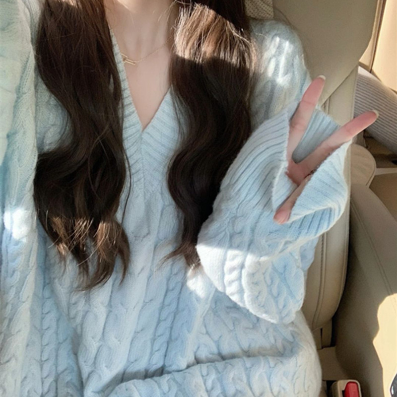 Kaning Milk Blue Soft and Waxy V-Neck Twist Knit Sweater for Women 2026 Autumn and Winter New Style Lazy Style Loose Knit Sweater Thick