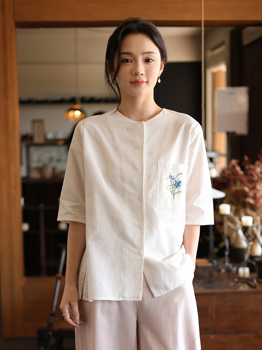 Deer & an Di Cotton and Linen Women's Clothing Summer New Short-Sleeve Linen Shirt Women's New Chinese Style Short-Sleeve Shirt Light Luxury Top