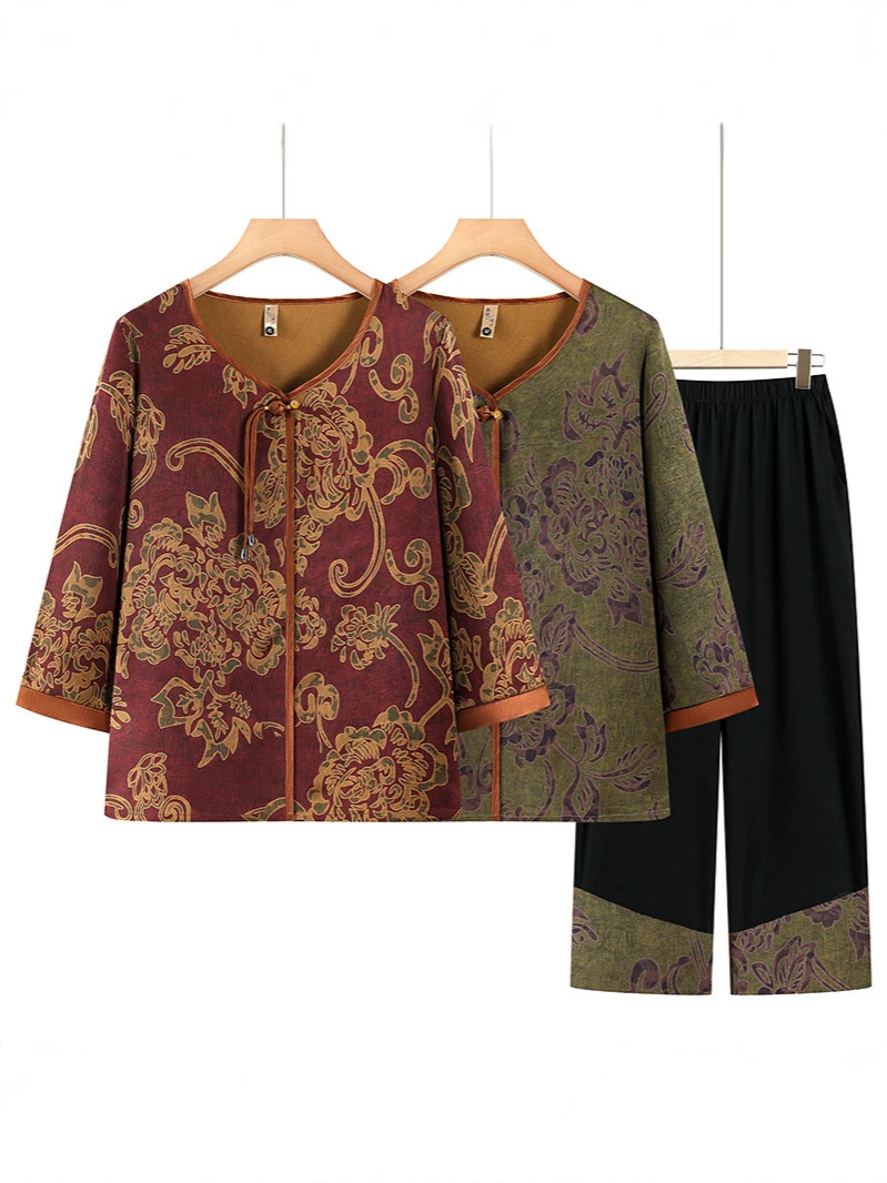 Mother's Day Gift for Grandma: Summer Short-Sleeve Set, Silk Satin Shirt, New Summer Style for Elderly Women, Cooling Set for Women