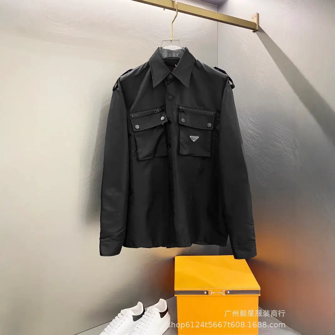High Version P Home Regenerated Nylon Multi-Pocket Triangle Standard Tooling Shirt Casual Loosen Nylon Shirt for Men and Women