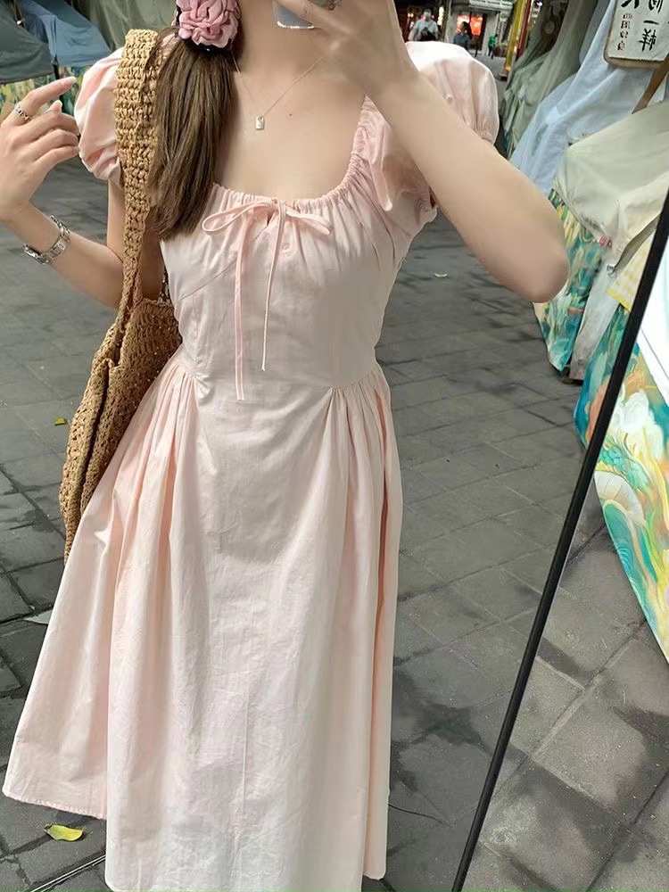 Pink French Gentle Style Square Collar dress 2024 New Summer Women's Niche Design Elegant Long Dress