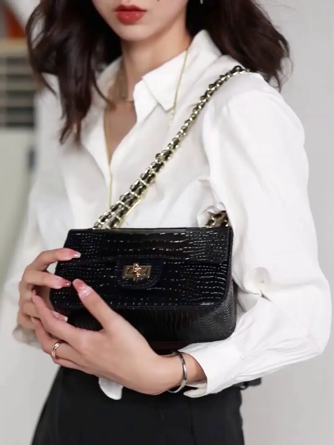 Silly Xiaoyu Crocodile Pattern Cowhide Tweed Style Crossbody Bag Women's Chain Bag DIY Hand-Woven Material Bag Self-Made
