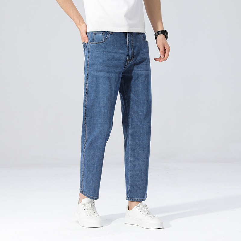 Spring and Summer Blue Cropped Jeans for Men, 2026 New Style, Loose Straight Elastic Pants, Limited Price of 88 Yuan