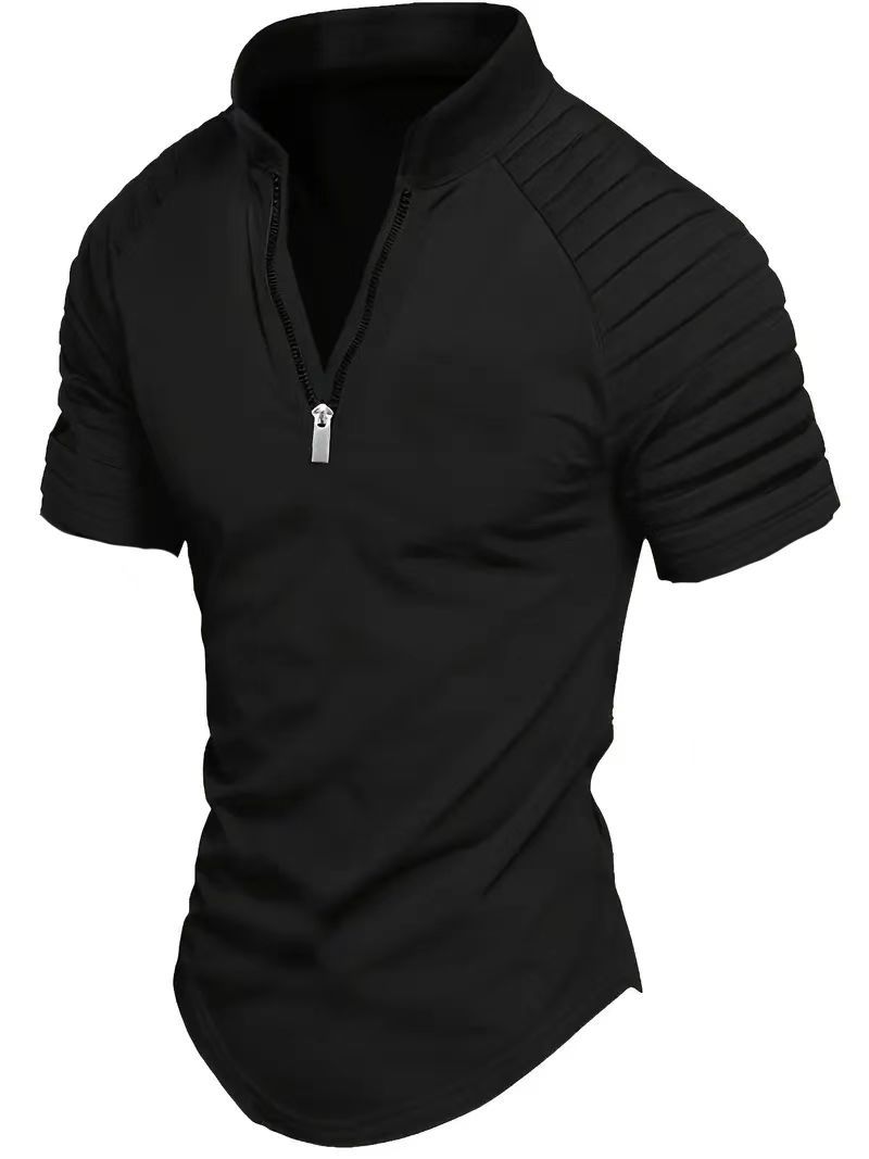 2025 Cross-border European and American Summer Casual Short-sleeved Polo Shirt Zipper Pleated Men's Sports Polo Shirt