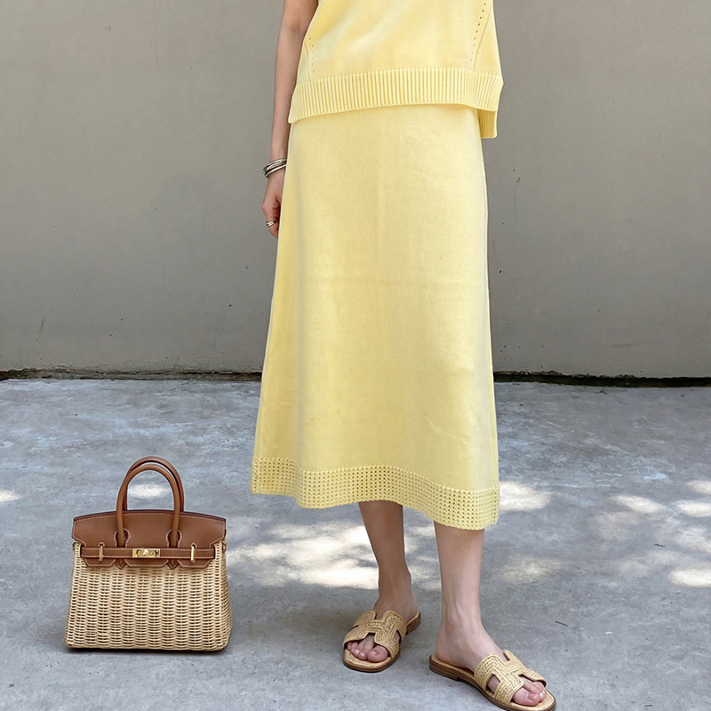 Cool and Minimalist Gray Skirt Suit for Women, 2026 Summer New Design, Casual Hollow-Out Linen Long Skirt