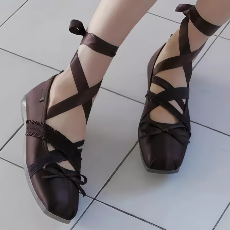 Square-Toe Satin Ballet Shoes for Women with Bowknot and Cross Ribbons, Flat-Soled Casual Mary Jane Shoes for Commuting