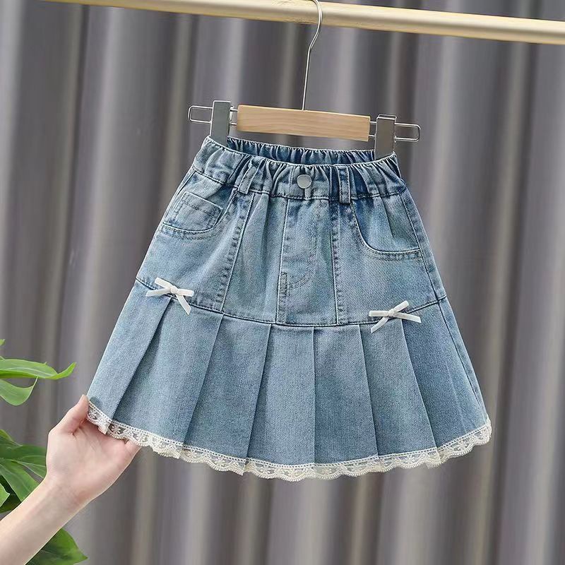 Girls' Summer Skirt Baby's Western Style Children's Personalized Trendy Brand Lace Bow Pleated Denim Skirt