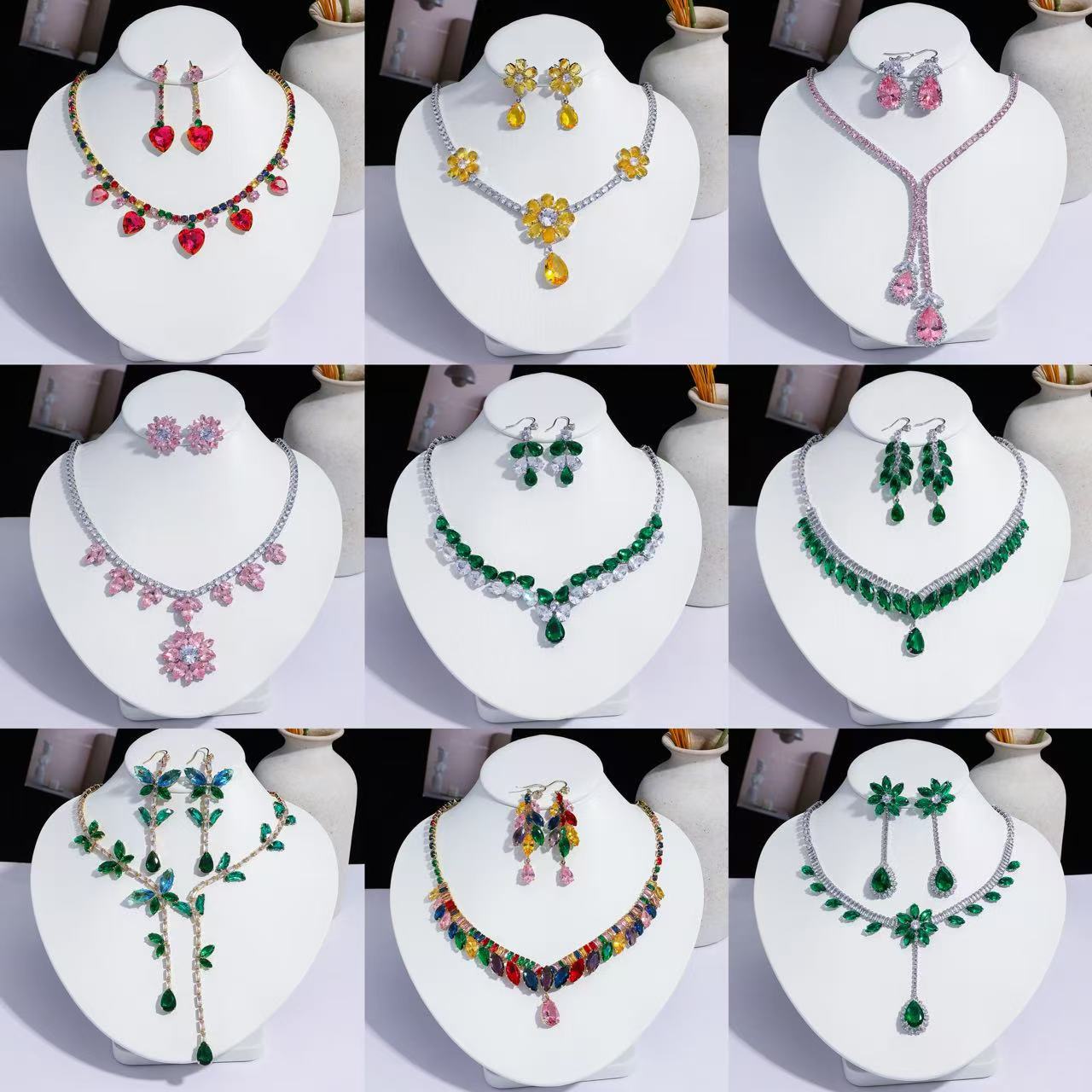Necklace Set New Fashion European and American Trendy Zircon Earrings Ins Green Butterfly Necklace Tassel Elegant Necklace