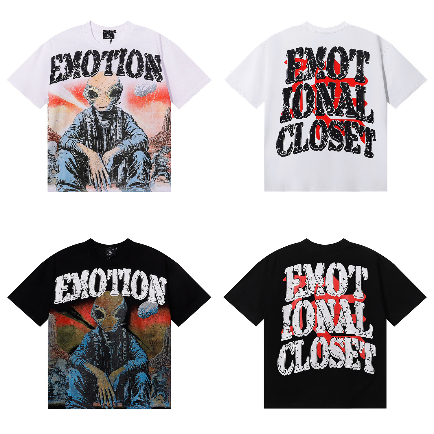 Trendy Mixed Emotion Smoking Alien Print High-Quality Double Yarn Casual Short Sleeve T-Shirt for Men and Women Trendy Brand