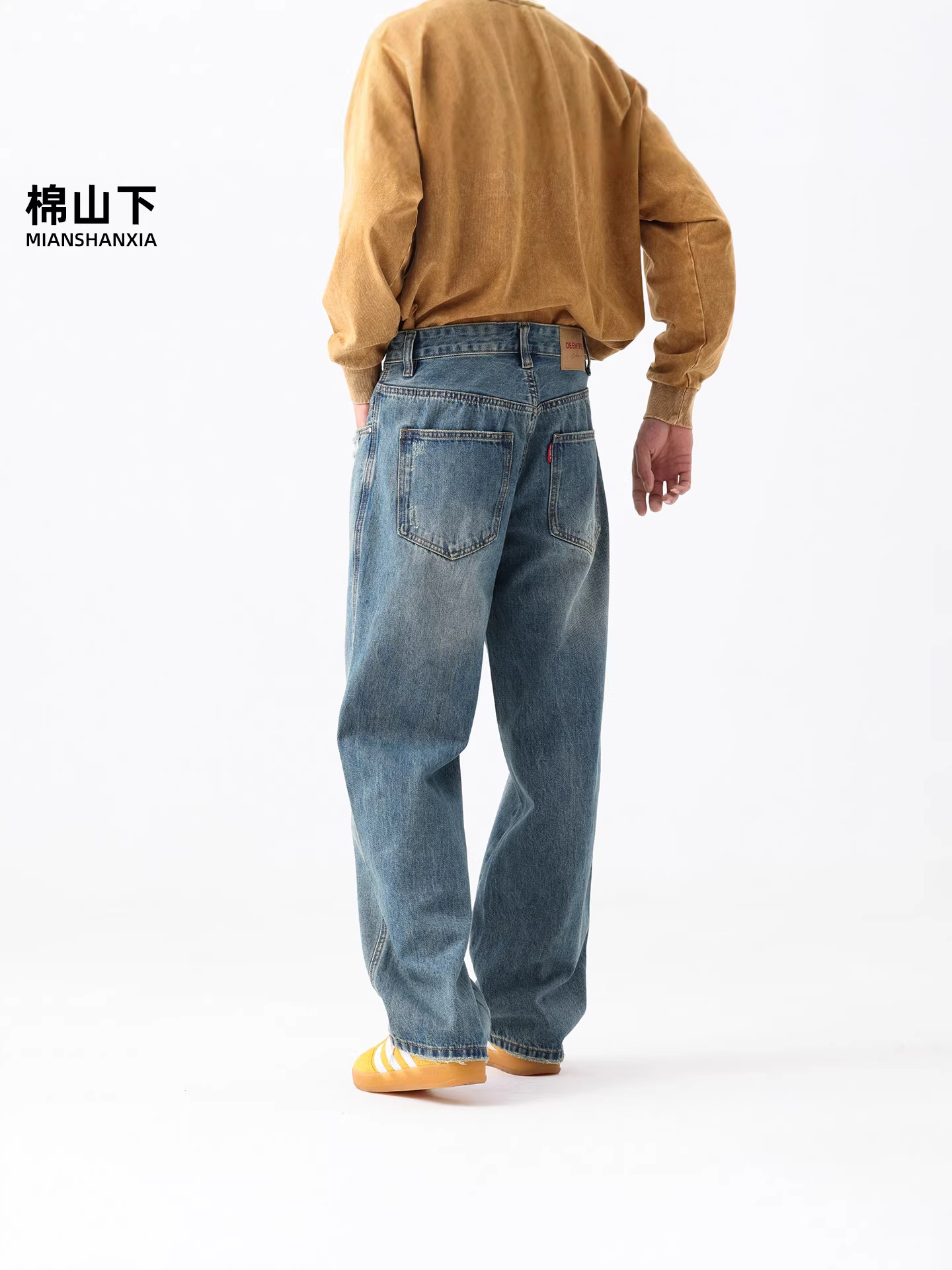 Cotton Mountain Winter Blue Jeans for Men, Loose Straight Wide-Leg Large Size Vintage Xintang Washed Casual Pants