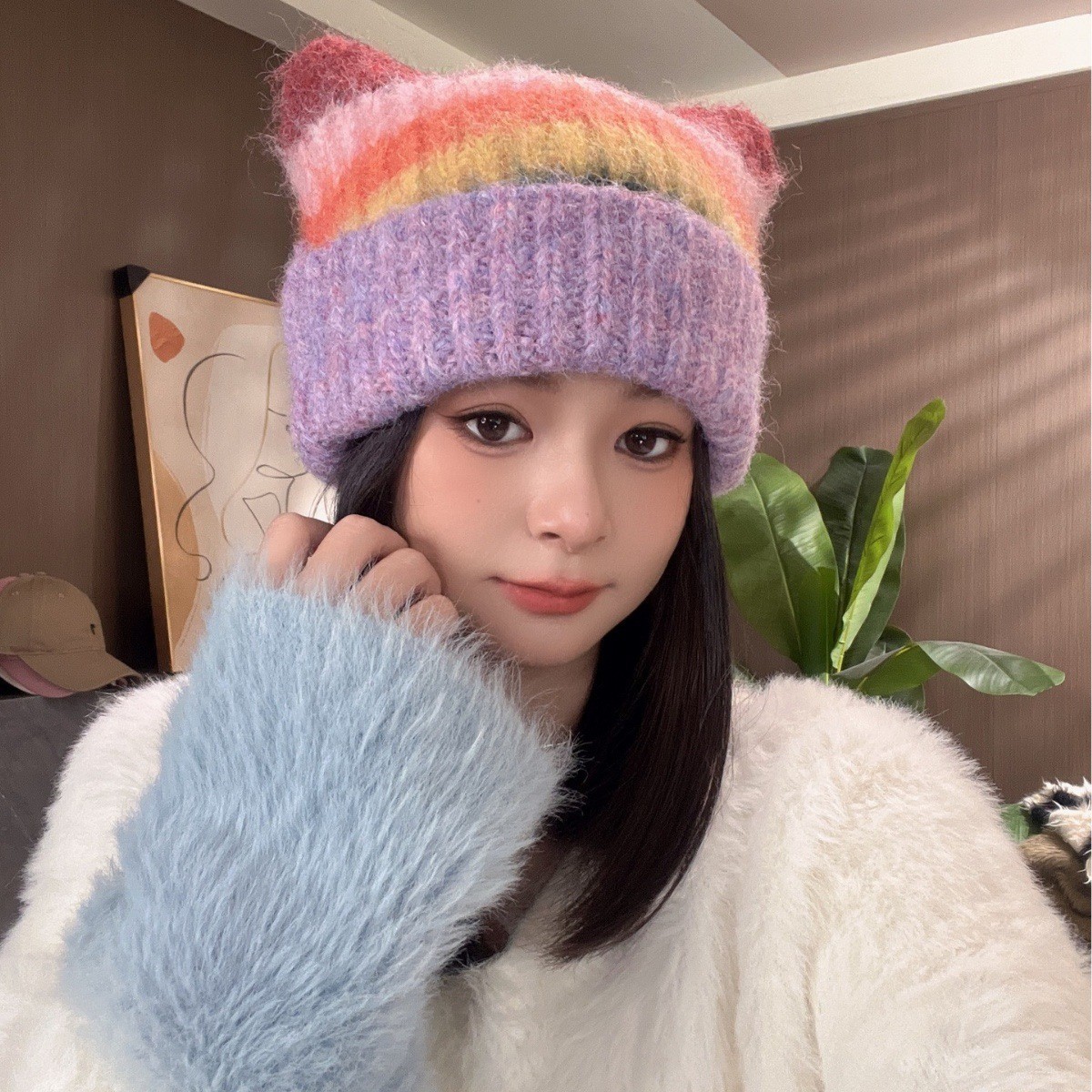 New Autumn and Winter Thickened Striped Rainbow Gradient Knitted Cap Children Plush Cute Cat Ears Pullover Cap Cold Cap