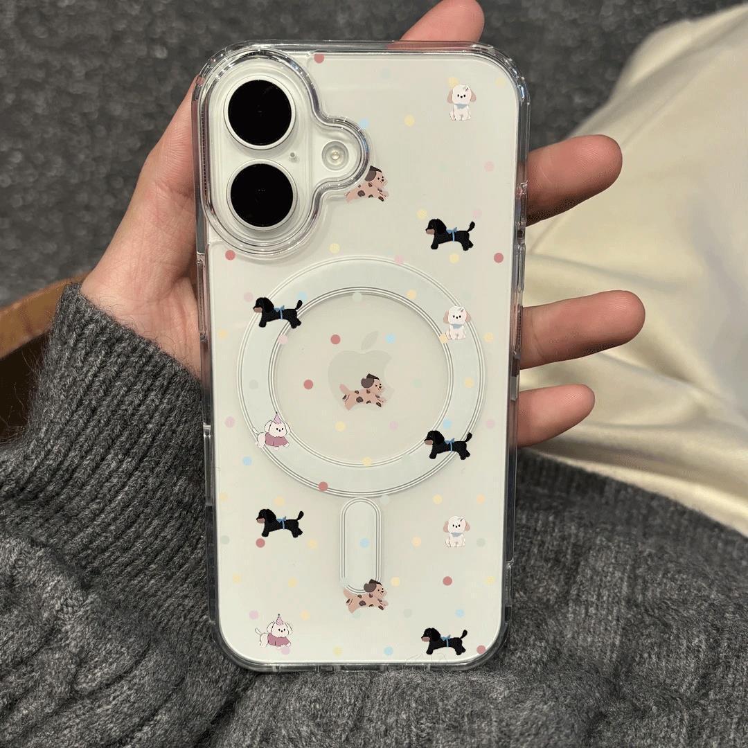 Colorful Polka Dot Puppy Pattern Suitable for Apple 17Promax Mobile Phone Case 17 16 Transparent Magnetic Suction 11 Buttons 14