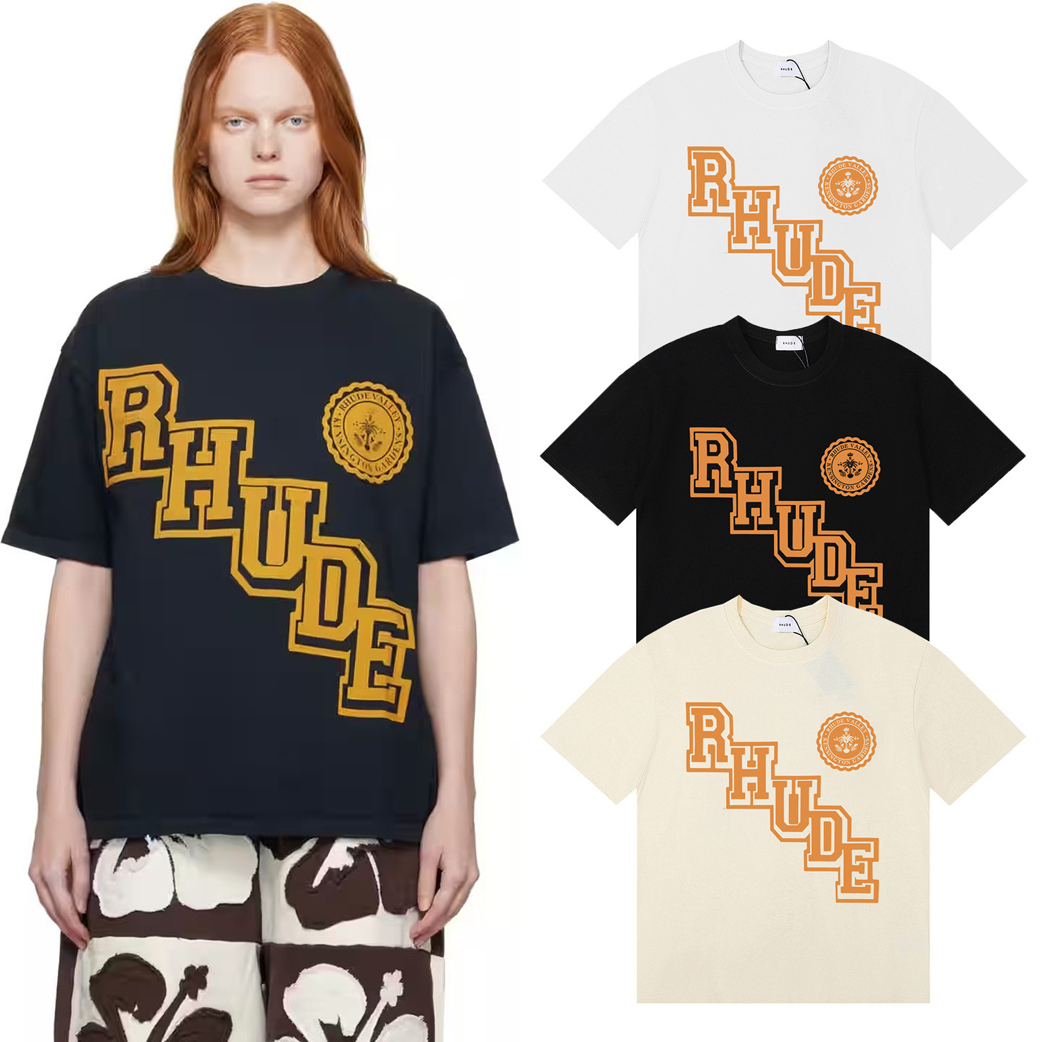 Meichao 2025 New Rhude Collegiate High-Quality Double Yarn Heavy Casual Short-Sleeved T-Shirt for Men and Women