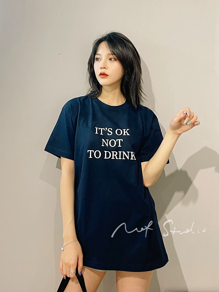 Nof Studio Lettering Slogan on the Back, T-Shirt for Couples That Say No to Drinking, Same Style for Men and Women Fotografie QC de pe TAOBAO pe Qualit.ly