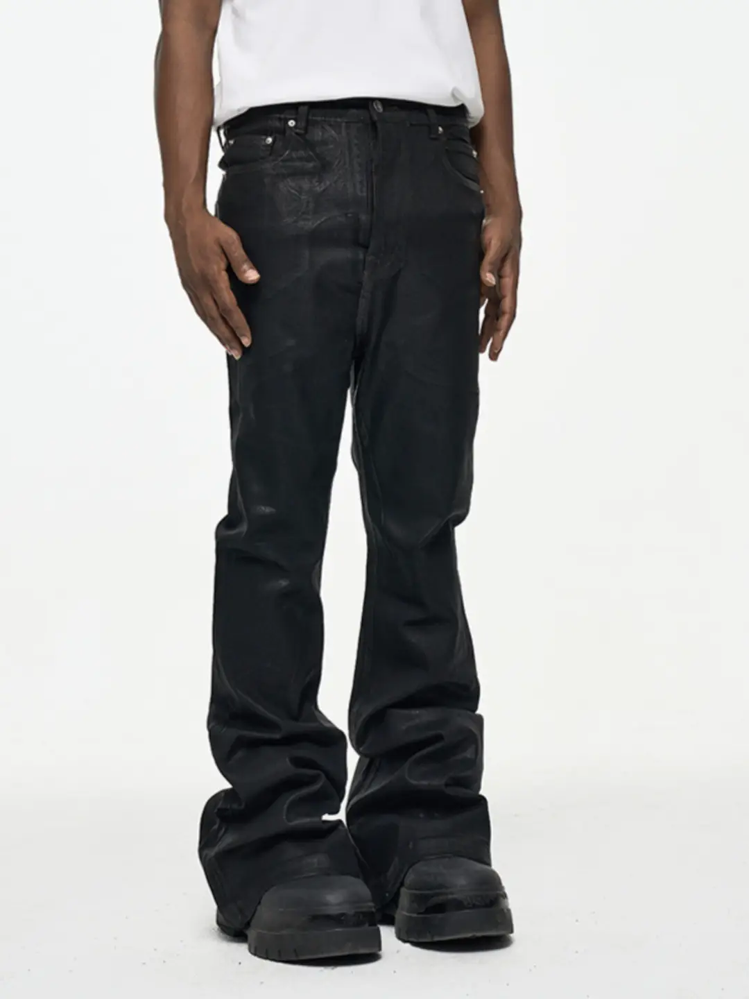2025 High Street Ro Style Coated Brushed Micro-Flared Floor-Length Jeans Men's Trendy Brand Loose Micro-Elastic Waxed Pants
